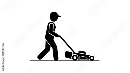 Page silhouette of a man mowing the lawn with a lawnmower.