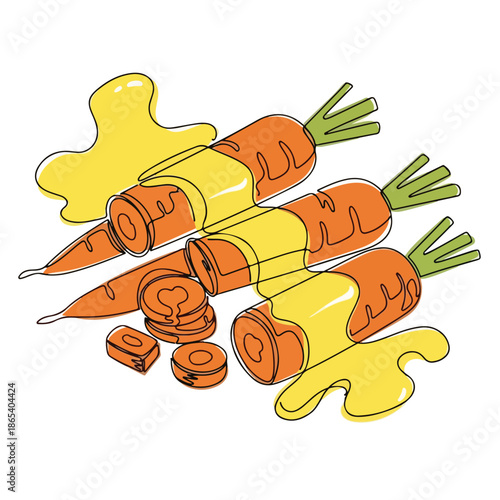 Colorful carrots with honey drizzled on top and slices beside them, showcasing a vibrant display of fresh vegetables. Carrots are highlighted by tangy honey, perfect for healthy recipes.