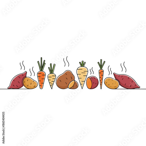 Hot winter food presentation showcases steaming root vegetables. Display highlights sweet potatoes, potatoes, and carrots, embodying hearty winter food for chilly days. Ideal for seasonal menus,