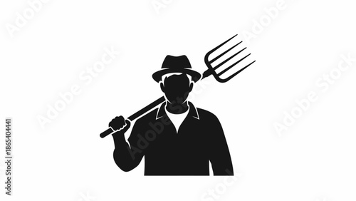 Farmer holding a pitchfork in a simple silhouette design.