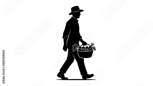 Man walking with a basket of flowers in hand.