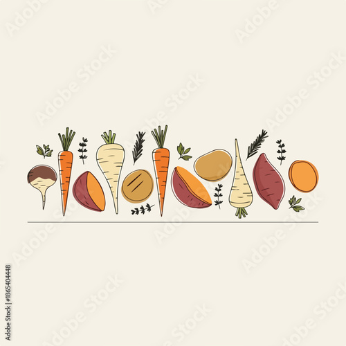 Root vegetables illustration with carrots, parsnips, potatoes, sweet potatoes. Root vegetables offer ingredients for comfort food, hot food, cozy winter dishes.