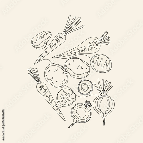 Minimalist line art drawing of various healthy root vegetables, including carrots, potatoes, and beets, presented on a light background.