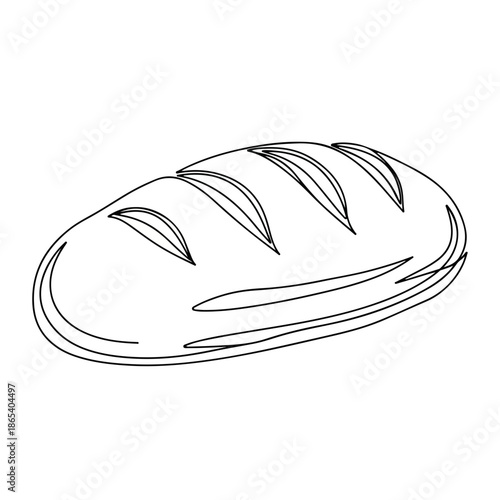 Simple outline drawing of bread loaf, minimalist continuous line art illustrating bakery staple food. Essential carbohydrate, often used for sandwiches or toast, representing wholesome nutrition.