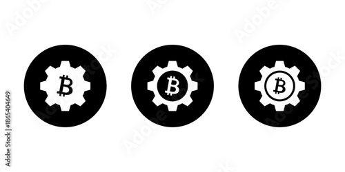Cryptocurrency gear icon with bitcoin symbol. Crypto finance settings, digital finance management concept in black circle