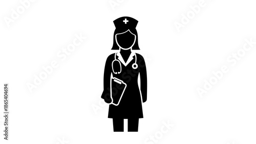 Simple black and white illustration of a female doctor or nurse wearing a medical hat and stethoscope.