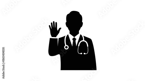 Silhouette of a doctor waving with a stethoscope around his neck.