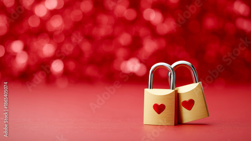 Pair of shiny metal locks decorated with hearts as symbols of love and unity for romantic holiday banner