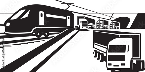 Trucks exit a freight train on a platform - vector illustration