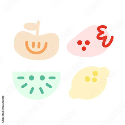 Set of cute happy fruit characters in colorful flat minimalist style isolated on white background.