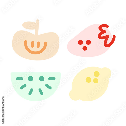 Set of cute happy fruit characters in colorful flat minimalist style isolated on white background.