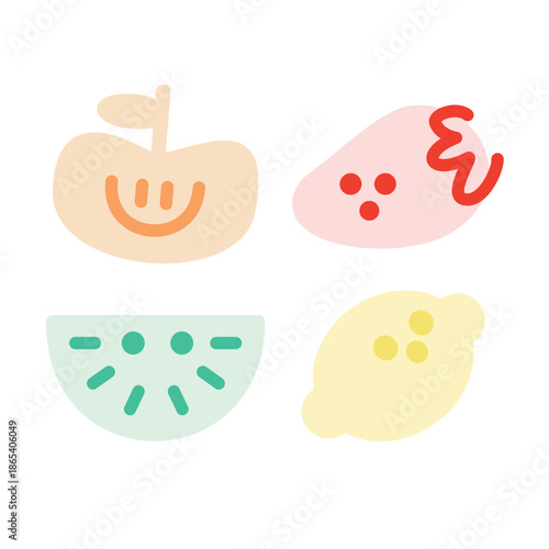 Set of cute happy fruit characters in colorful flat minimalist style isolated on white background.
