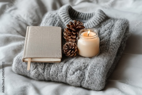 Cozy winter scene with notebook, pine cones, and a lit candle on a soft grey sweater