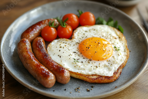 Valentine's Day Breakfast with Fried Eggs, Sausages and Tomatoes