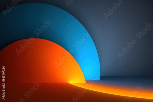 Abstract background with glowing blue and orange shapes forming a luminous curved arc