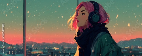 Anime style girl with headphones gazes out of the window over a snowy city at sunset