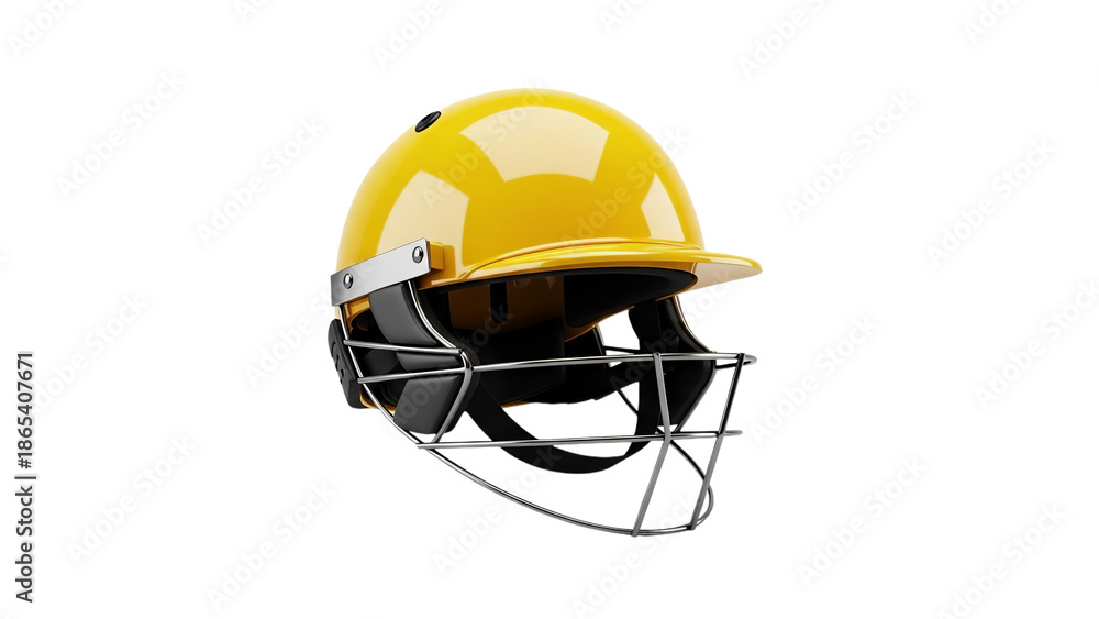 Fototapeta premium Yellow Cricket Helmet with Face Guard Isolated on Transparent Background PNG, Yellow Cricket Helmet cutout, yellow helmet isolated on white