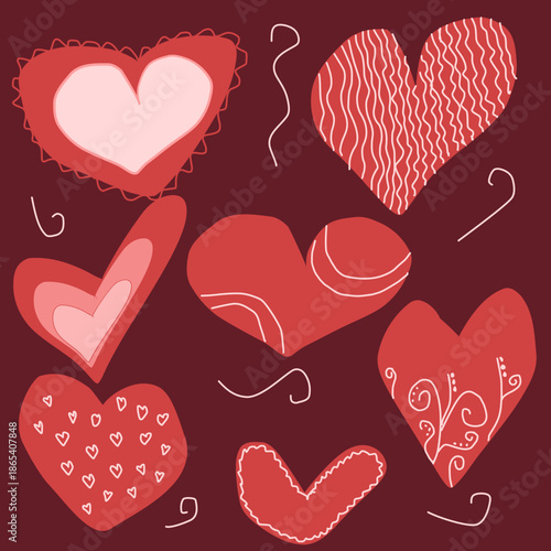 Hand-drawn red hearts with various patterns. Icon for cards, invitations, design, and T-shirt printing.