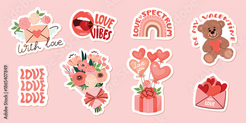 Valentine's day stickers pack with teddy bear, flowers, love letter, female lips, envelope with hearts, rainbow, gift with balloons, hand written text. Vector cartoon objects isolated on pink. 