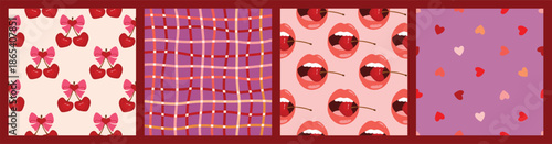 Retro Valentine's Day seamless patterns collection. Heart-shape cherries with bows, female lips with fruits, irregular checkered print, colored hearts. Vector romantic backgrounds for textile.