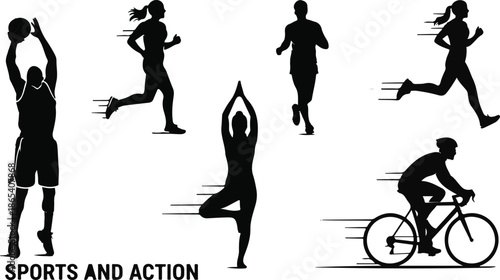 Silhouettes of diverse people engaged in various sports and fitness activities