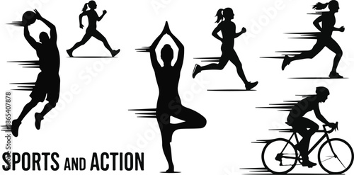 Dynamic silhouettes of people engaged in various sports and fitness activities, conveying movement and energy.
