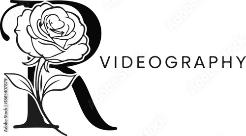 Elegant 'R' monogram with a delicate rose and the word "VIDEOGRAPHY"