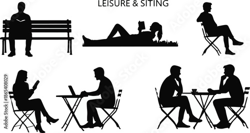 Silhouettes of people enjoying leisure activities like reading, working, and socializing outdoors.