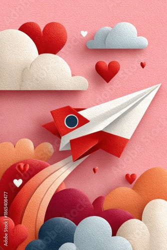 Paper airplane soaring through pink skies with hearts, clouds, and flowing colorful waves.