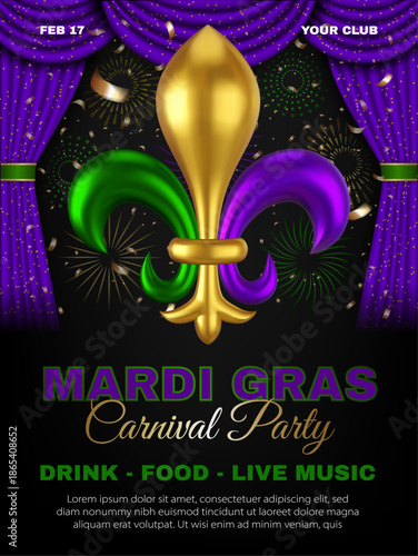mardi gras carnival party poster with lily and purple curtain with gold glitters