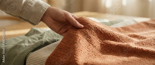 Person's hand gently feeling the rough texture of a terracotta-colored fabric, choosing from a stack of natural textiles for home decor in a room with soft, warm sunlight