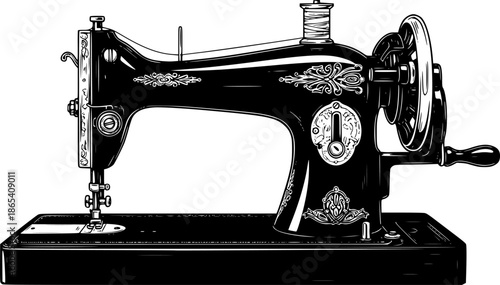 Vintage Sewing Machine Icon: A sleek, black and white artistic illustration of a vintage sewing machine, a symbol of traditional craft, textile artistry, and timeless creativity. 
