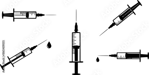 Syringe silhouettes, medical syringe, Vaccine or injection icon, Syringe injection, syringe with drop

