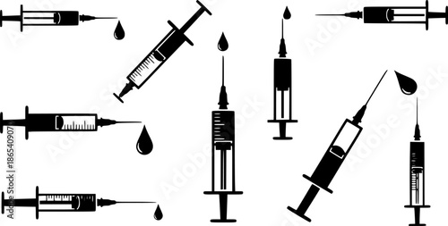 Syringe silhouettes, medical syringe, Vaccine or injection icon, Syringe injection, syringe with drop
