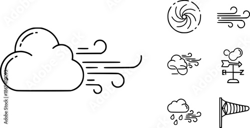 Wind blow line icon set, fresh cloud air speed symbol. Wind blow air line sign. Windy weather symbol
