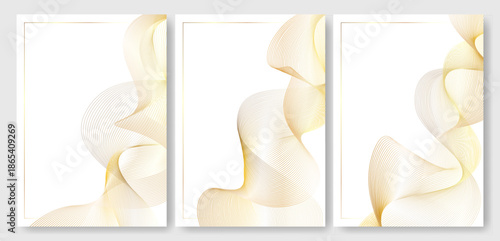 Golden wavy lines on white premium flyer card. Calendar luxury cover, oil gala invitation. Medicine corporate gold award. Abstract gift certificate template.