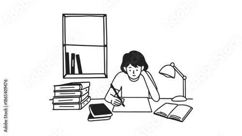 A student studying at a desk with books and a lamp