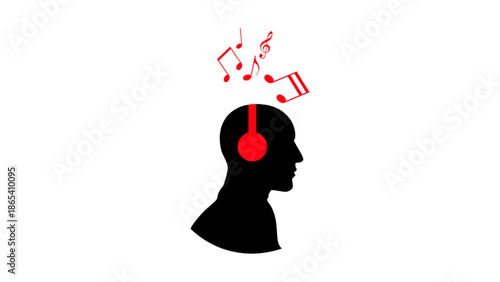 A person wearing headphones with music notes