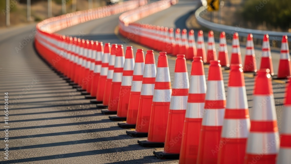 Obraz premium Long rows of orange and white traffic cones delineate a winding road, suggesting construction or caution