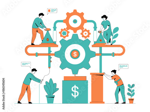 A group of people working together to manage and grow a business with money and gears