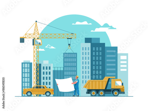 An illustration of a construction site with a crane, buildings, and vehicles