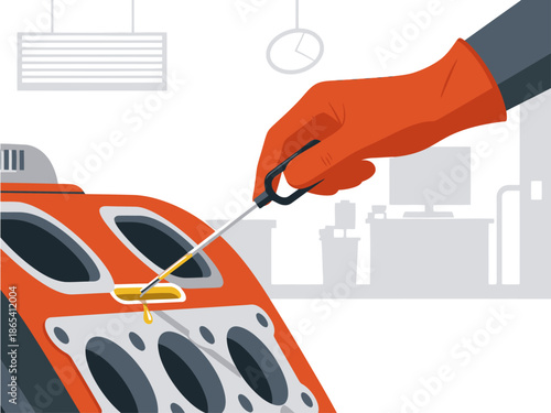 A gloved hand inspects an engine's oil dipstick, highlighting maintenance and automotive care. Clean, bright studio setting. Check your pulse!