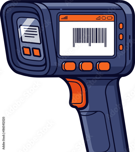 A handheld scanner reads a barcode. Clear, focused shot with grid background. Ideal for inventory, logistics, and retail applications. Modern, professional design.