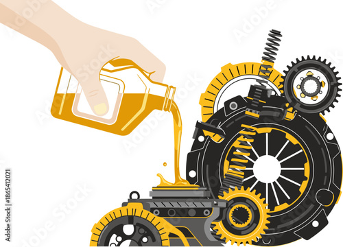 A hand lubricates a car clutch mechanism with oil. Detailed gears and mechanical components are highlighted. Modern, graphic style. Perfect for automotive or technical concepts.