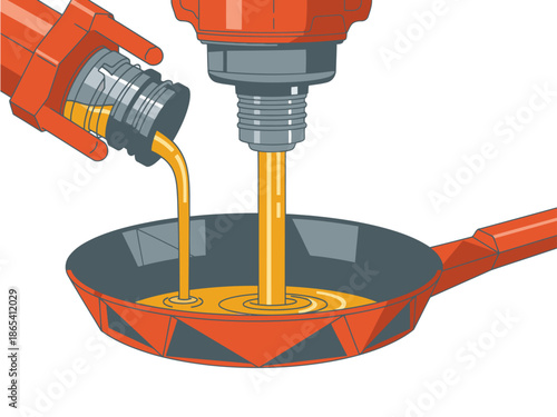 Illustration depicts oil being dispensed into a circular reservoir. Vibrant orange and gray tones create a modern, technical aesthetic. Suitable for energy, technology, and industrial themes.