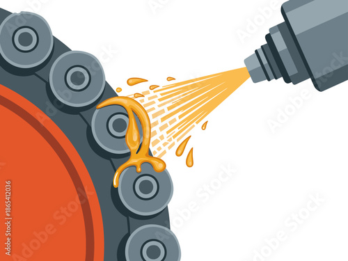 Industrial machinery receives lubrication, ensuring smooth operation. A vibrant spray of oil coats a chain drive, highlighting precision and maintenance. Clean, modern illustration.