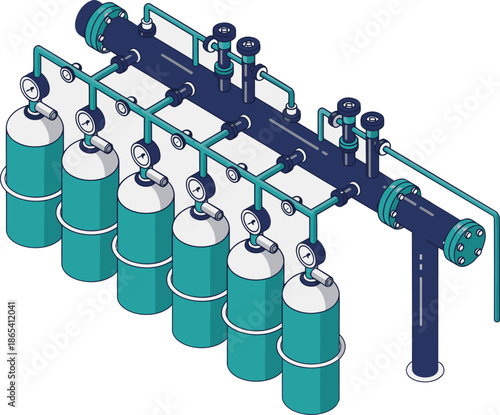 Isometric illustration of a gas flow control system with multiple tanks and valves. Clean, modern design with teal and gray tones. Ideal for technical or industrial visuals.