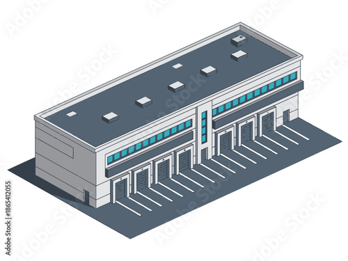 Isometric warehouse illustration. Modern industrial building with garage doors and parking. Clean, detailed design. Suitable for business and technology themes.
