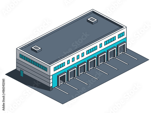 Isometric warehouse illustration with loading docks. Modern, industrial design. Ideal for business, logistics, and technology themes.