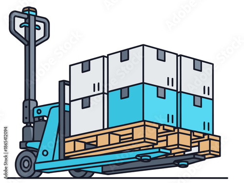 A pallet truck smoothly moves a stack of boxes. Clean lines, bright colors, and a modern style create a visually appealing and easily understood image.
